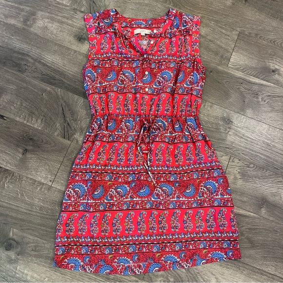 Loft Dress Size Petite Medium Red Blue Floral Casual - Picture 1 of 5